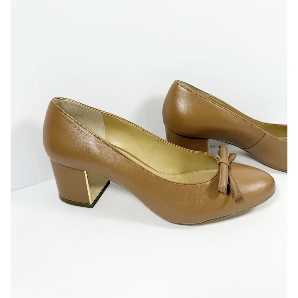 Talbots Isa Bow Nappa Pumps Block Heels Slip On Leather Office Minimalist Tan 7 - Picture 5 of 16